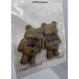 2 La Mode Hand-painted Teddy Bear Buttons Sew-through 1 3/16" 30mm ONE CARD 9895